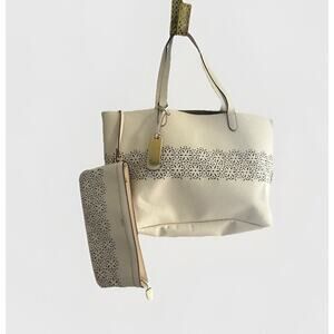 Ralph Lauren Laser Cut Perforated Chantilly Classic Tote Bag & Clutch Ivory Read